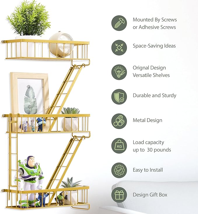 Fire Escape Wall Shelf Gold - New York Decorative Ladder Shelf, Metal Decorative Shelving for Living Room, Home Décor, Action Figure Display (3-Tier)