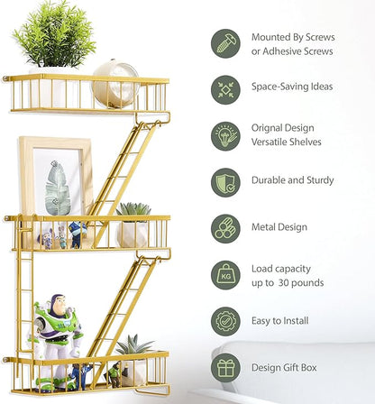 Fire Escape Wall Shelf Gold - New York Decorative Ladder Shelf, Metal Decorative Shelving for Living Room, Home Décor, Action Figure Display (3-Tier)