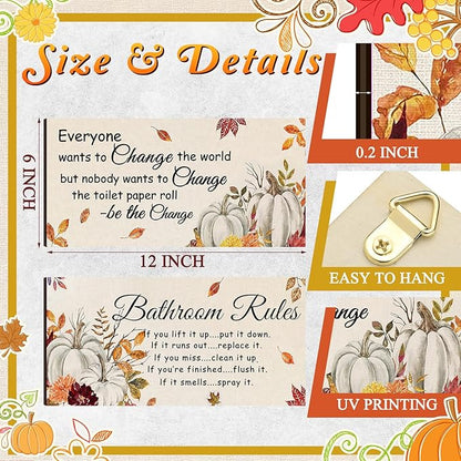 Jetec 2 Pieces Funny Bathroom Signs Bathroom Wall Decor Toilet Wall Accessories Farmhouse Toilet Rustic Wooden Signs, 12x6 Inch(Fall Style)