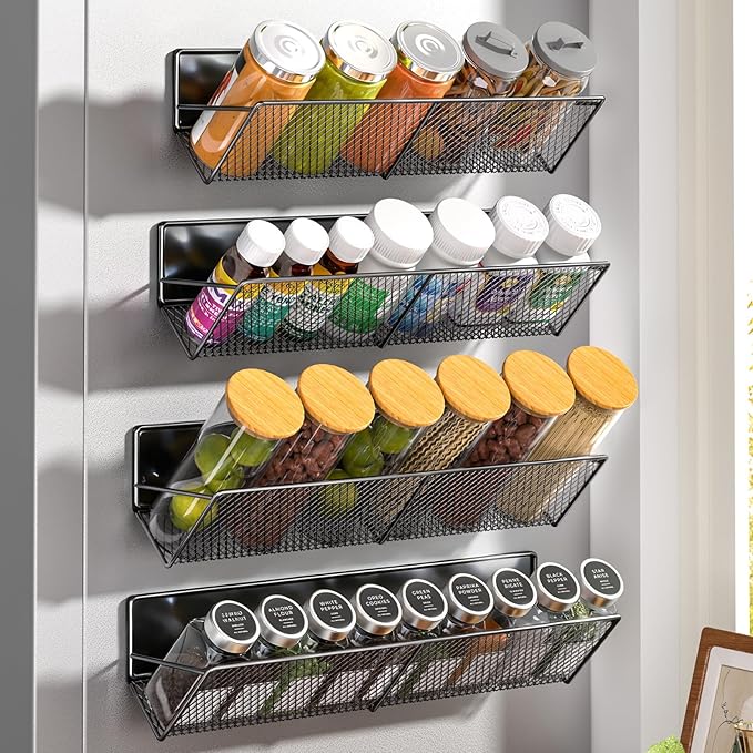 Magnetic Spice Rack for Refrigerator 4 Pack, Extra Long Strong Magnetic Fridge Shelves(14-16.5 inch), Space Saving Spice Organizer 45° Tilt, No Drilling Home Kitchen Laundry Storage Shelves