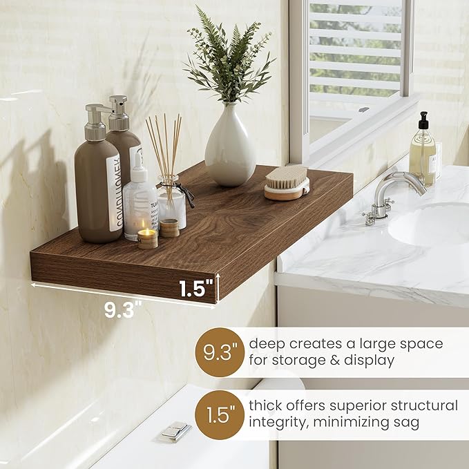 Fun Memories Floating Shelves 24 Inch Long, 9.3 Inch Deep Floating Shelf for Lving Room, Bedoom, Kitchen, Deep Wall Shelves for Bathroom, 2 Pack Storage Display Shelf for Books, Decors, Walnut