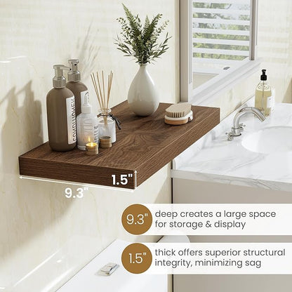 Fun Memories 72 Inch Long Floating Shelves for Wall, 72x9.3 Large Floating Shelf for Bedroom, Kitchen, Bathroom, Wall Mounted Rustic Wood Shelves with Invisible Bracket for Books, Decor, Walnut