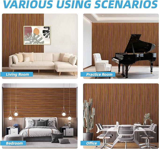 Art3d 4-Piece 94 x 12.6 Inch Acoustic Lightweight Slat Wall Panel - Waterproof Wood Textured Wainscoting Panel of 33 Sq.Ft for Bedroom, Home Theater Office Accent Wall, Teak