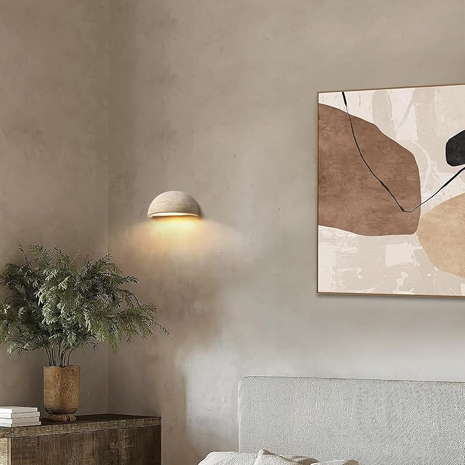 Wabi-Sabi Art Lighting Fixture Nordic Modern Marble Wall Sconce, Half Moon Semi Circle Yellow Travertine Wall Lamp,Japanese Style Natural Stone Bedside Wall Light for Bedroom, Foyer, Entryway,Stairs