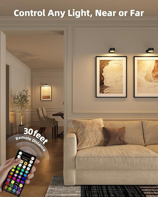 Picture Lights for Wall, 2000mAh Rechargeable Magnetic Art Lights with 3 Color Temps & RGB, Remote Dimmable Battery Operated Wall Light for Bedroom, Living Room, Gallery (Black, 6 Pack)