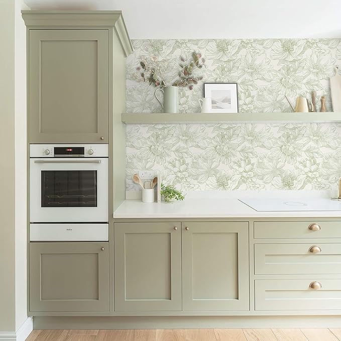 Ismoon Vintage Floral Wallpaper Peel and Stick Beige and Green Contact Paper 17.3inx6.5ft Removable Self Adhesive Wall Paper for Bathroom Bedroom Cabinet Mural Wall Decor Vinyl Renter Friendly