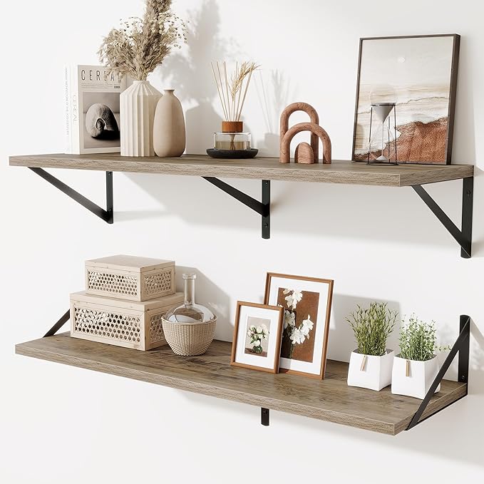 Deep Floating Shelves for Wall,36" Wx10 D Wood Wall Shelves with Metal Brackets,Hanging Storage Floating Shelf for Living Room,Bedroom,Bathroom,Office,Kitchen,Grey
