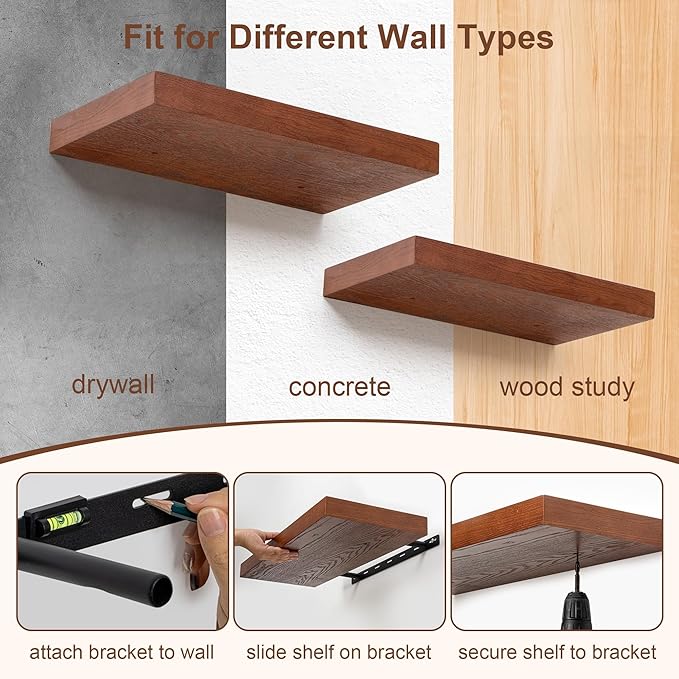 RICHFOCUS Floating Shelves for Wall | 48W x 9.3D Rustic Floating Shelves with Solid Ash Wood Veneer Set of 1 | Wood Wall Shelves with Upgraded Brackets | for Living Room Bathroom Home Office