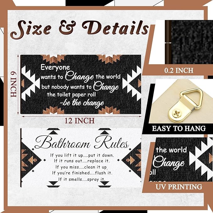 Jetec 2 Pieces Funny Bathroom Signs Bathroom Wall Decor Toilet Wall Accessories Farmhouse Toilet Rustic Wooden Signs, 12x6 Inch(Boho Style)
