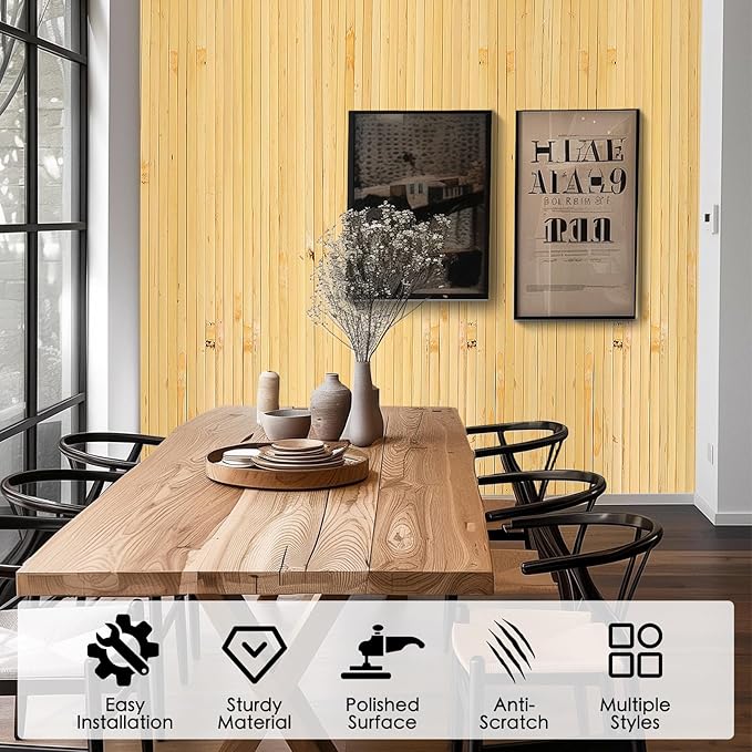 FONUNO Bamboo Wall Panel for Interior Decoration Bamboo Pole Wrap Roll Natural Wainscoting Paneling Decorative Wall Slat Covering for Living Room, Bedroom, Office (48 Inch x 96 Inch, Natural)