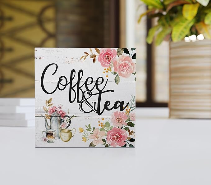 Coffee and Tea Pink Floral Wood Box Sign Desk Decor,Rustic Wooden Block Sign Decorations for Home Kitchen Office Coffee and Tea Bar Wall Tabletop Shelf Decor