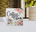 Coffee and Tea Pink Floral Wood Box Sign Desk Decor,Rustic Wooden Block Sign Decorations for Home Kitchen Office Coffee and Tea Bar Wall Tabletop Shelf Decor