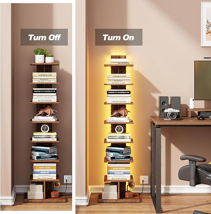 TUTOTAK Narrow Bookshelf, 8-Tier Bookcase with LED Lights, Spine Book Shelf for Small Space, Corner Standing Shelf for Living Room, Office, Study, Entryway, Rustic Brown BS06BB008L