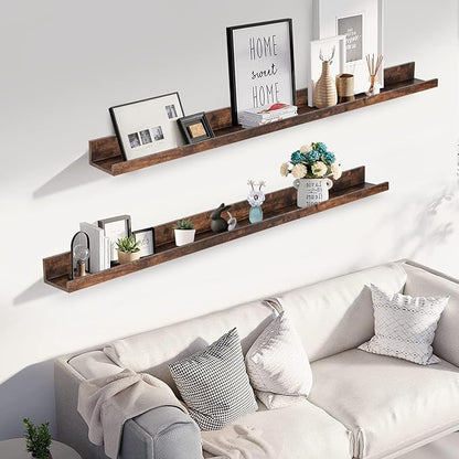 Muzilife 55" Large Floating Wall Ledge Shelves with Lip - Set of 2 Rustic Wood Floating Shelves - Honey Brown Wall Mounted Picture Ledge for Office, Bathroom, Bedroom, Living Room, Kitchen