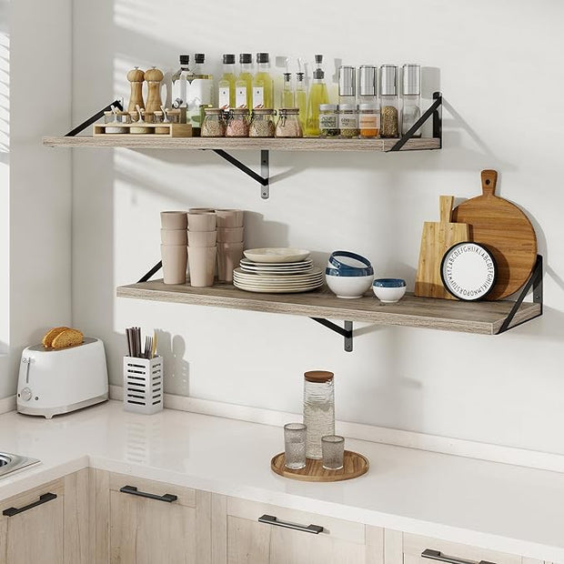 Floating Shelves, 12 Inch Deep Rustic Wood Wall Storage, 48W x 12D Wall Shelves Set of 2, Heavy Duty Metal Brackets, Large Industrial Book Shelf for Living Room, Kitchen, Bedroom, Grey