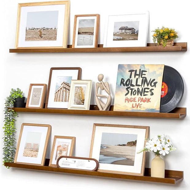 Picture Ledge Wall Shelves 48 Inches Width Set of 3, Solid Pine Wood Rustic Floating Ledge for Kids' Room Bedroom Kitchen Bathroom, Long Floating Shelves for Wall Decor, Walnut
