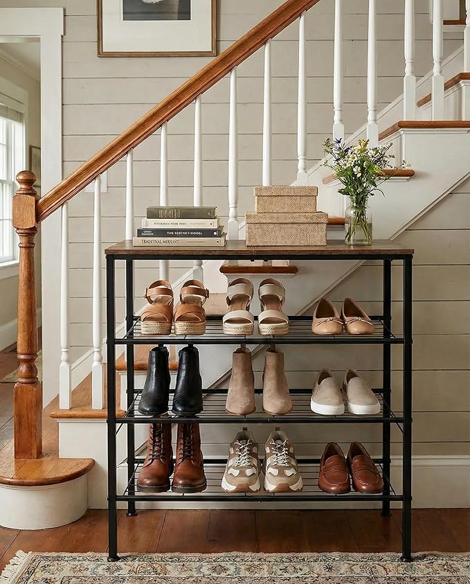 4-Tier Shoe Rack for Entryway, Bedroom & Living Room – Sturdy Shoe Storage Organizer with Adjustable Leveling Feet, Compact Design (26.9”x11.8”x26.1”), Rustic Brown