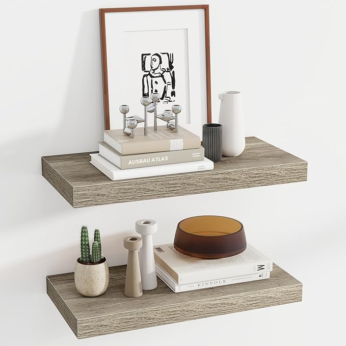 24 Inch Floating Shelves, 12 Inch Deep Floating Shelves for Wall, Floating Shelf with Invisible Brackets, Deep Shelves for Bathroom, Bedroom, Living Room, 2 Pack, Vintage Gray Oak