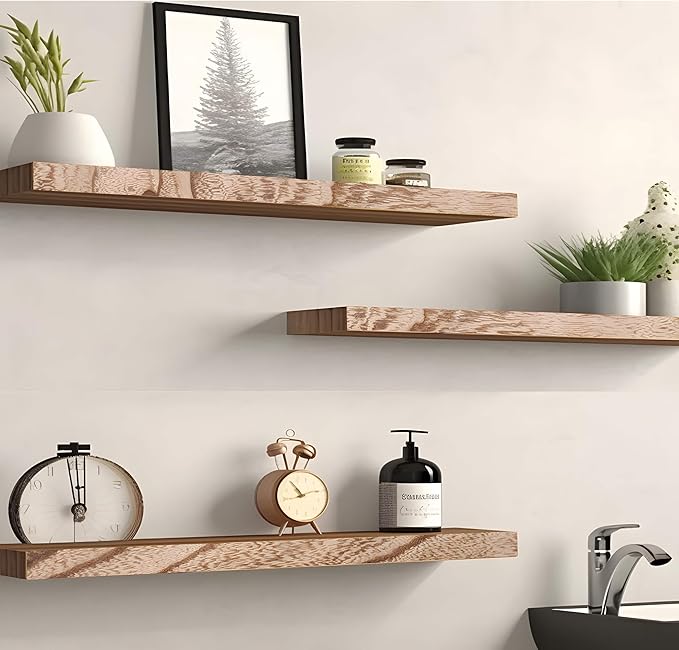 Wood Floating Shelves for Wall Decor, Rustic Wall Shelves for Bedroom Bathroom Kitchen Living Room, Set of 6 Light Walnut