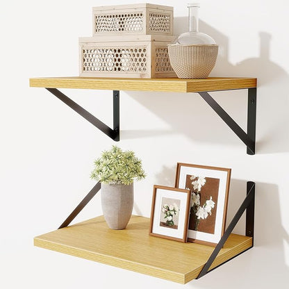 Deep Floating Shelves,16" Wx10 D Floating Shelves for Wall Set of 2,Heavy Duty Wood Floating Shelf with Metal Bracket,Wall Mounted Hanging Shelf for Living Room Bedroom Bathroom Kitchen,Oak