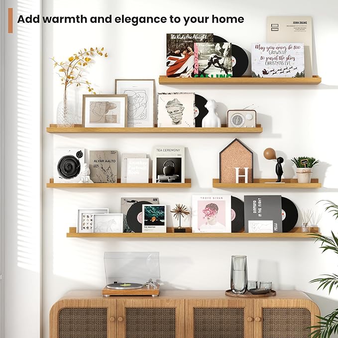 Fun Memories Picture Ledge Shelves Set of 4, 24 Inch Rustic Wall Mounted Floating Shelves with Lip for Home Storage and Décor in Bathroom, Kitchen, Nursery, Bedroom, Living Room, Oak
