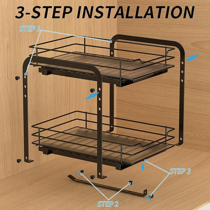 2-Tier Spice Rack, Pull Out Cabinet Organizer Spice Racks Height Adjustable Heavy Duty Metal Basket for Inside Cabinets & Pantry Closet(9.5''Wx10.5''Dx9.5''H)