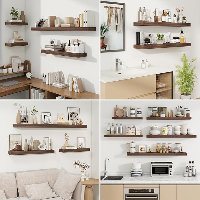 fuqing Floating Shelves for Wall, Wall Mounted Wood Floating Shelf with Invisible Brackets for Living Room, Bathroom, Bedroom, Kitchen Storage and Decor, 40 Inch Set of 2, Walnut