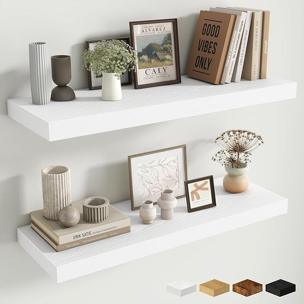 Fun Memories Floating Shelves for Wall, 30 Inch Long Floating Shelves Set of 2, 30 x 10 Wooden Shelves for Wall, Large Storage Shelves, Hanging Shelves for Bathroom Kitchen Bedroom, White