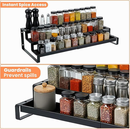 Spice Rack Organizer for Cabinet, Expandable 3 Tiered Spice Rack, Metal Spices Organizer, Display Shelf Organizers for Cabinet, Countertop, Pantry, Cupboard (Black)