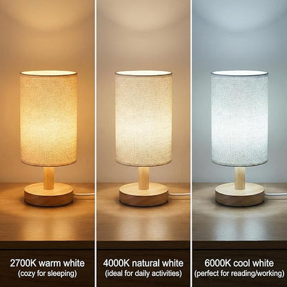 Touch Bedside Table Lamp-3 Color Temperatures & Stepless Dimming with USB Plug,Natural Round Wood Base&Linen Fabric Shade|Minimalist Boho Nightstand Lamp for Bedroom,Nursery,Kitchen,Dorm,Small Spaces