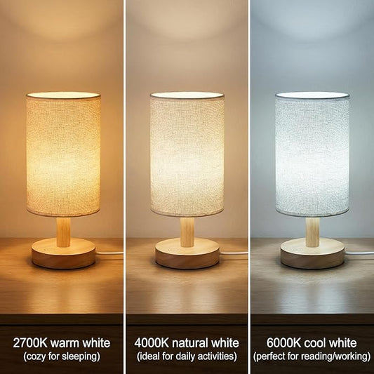 Touch Bedside Table Lamp-3 Color Temperatures & Stepless Dimming with USB Plug,Natural Round Wood Base&Linen Fabric Shade|Minimalist Boho Nightstand Lamp for Bedroom,Nursery,Kitchen,Dorm,Small Spaces