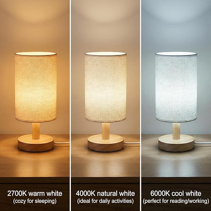 Touch Bedside Table Lamp-3 Color Temperatures & Stepless Dimming with USB Plug,Natural Round Wood Base&Linen Fabric Shade|Minimalist Boho Nightstand Lamp for Bedroom,Nursery,Kitchen,Dorm,Small Spaces