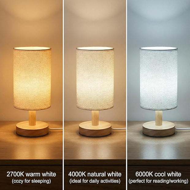 Touch Bedside Table Lamp-3 Color Temperatures & Stepless Dimming with USB Plug,Natural Round Wood Base&Linen Fabric Shade|Minimalist Boho Nightstand Lamp for Bedroom,Nursery,Kitchen,Dorm,Small Spaces