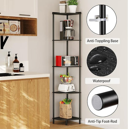 SUNMORY 5 Tier Corner Shelf Stand, Industrial 65" Corner Shelves Display Shelf for Living Room Decor, Wall Corner Bookshelf Multi Unit Organizer, Tall Shelf Plant Stand for Bedroom, Bathroom, Black
