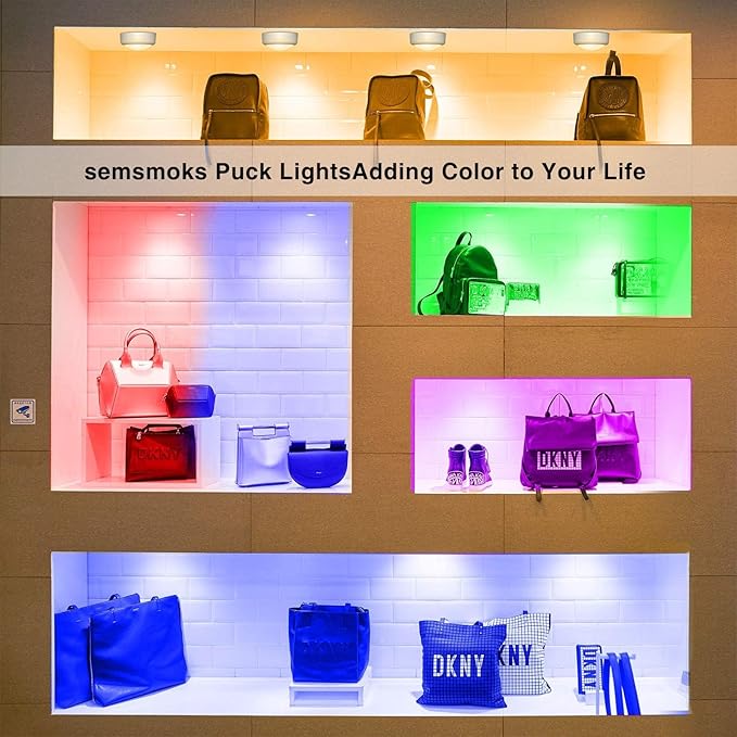 Battery Operated LED Puck Lights with Wireless Remote, 13 Color RGB - for Closet, Bedroom Wall, Under Cabinet, Battery Powered Push Lights. Convenient 3M Stick On(White, 3-Packs)