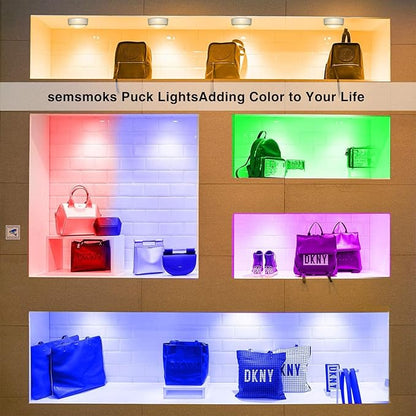 Battery Operated LED Puck Lights with Wireless Remote, 13 Color RGB - for Closet, Bedroom Wall, Under Cabinet, Battery Powered Push Lights. Convenient 3M Stick On(White, 3-Packs)