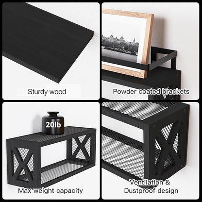 RICHER HOUSE Floating Shelves with Guardrail, Rustic Wood for Wall Décor, Farmhouse Bathroom Accessories Mounted, Organizer over Toilet Storage, Kitchen, Living Room - Black