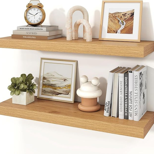 Floating Shelves for Wall, 9.3" Deep Wall Mounted Wood Shelves for Bathroom, Bedroom, Living Room, Kitchen, Hanging Shelf for Books/Storage/Room Decor (Oak, 30")