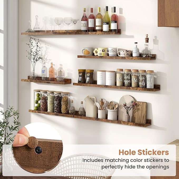 Fun Memories Picture Ledge Shelves Set of 2, 32 Inch Rustic Wall Mounted Floating Shelves with Lip for Home Storage and Décor in Bathroom, Kitchen, Nursery, Bedroom, Living Room, Brown