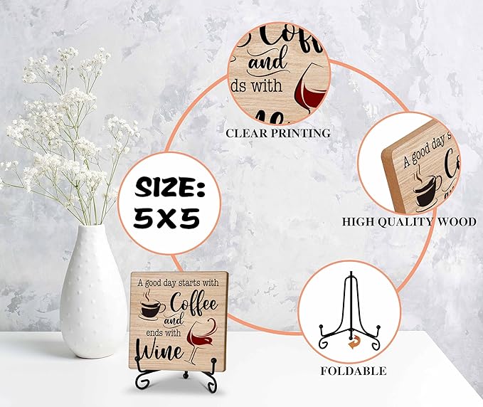 Coffee And Wine Desk Decor Sign, Rustic Wooden Sign With Stand, A Good Day Starts With Coffee And Ends With Wine Sign For Farmhouse Home Kitchen Bar Shelf Table, Gifts For Family Friend Coworker, C18