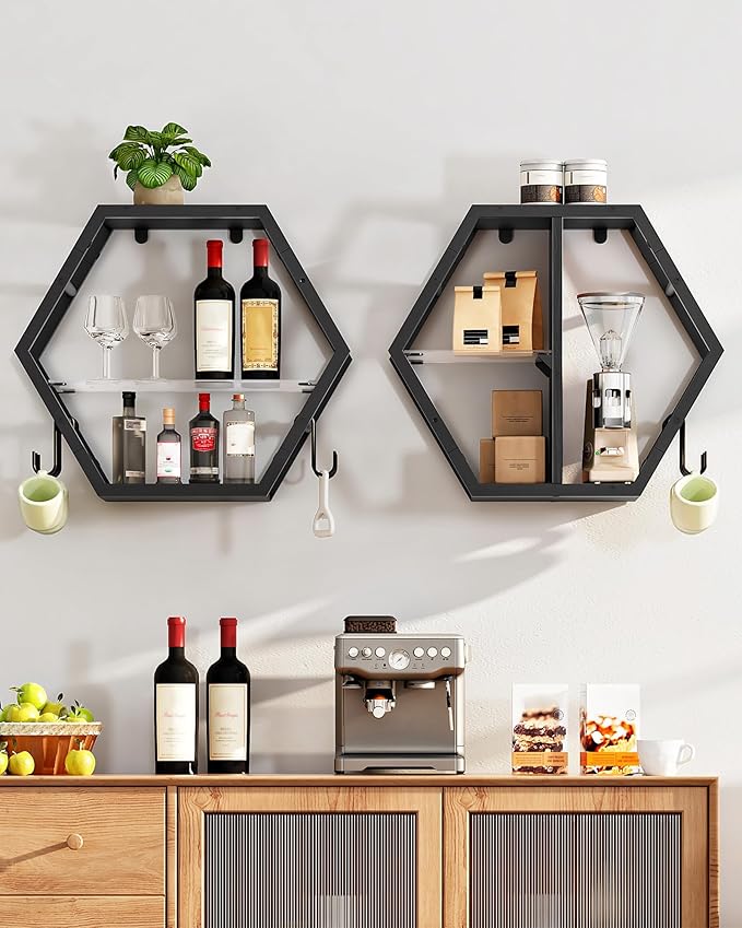 Hexagon Floating Shelves Set of 2, Glass Hanging Shelves for Wall Decor, Industrial Style Wall Storage Rack and 12 S-Hooks, for Living Room, Bedroom, Office, Game Center, Black TBJ08BB