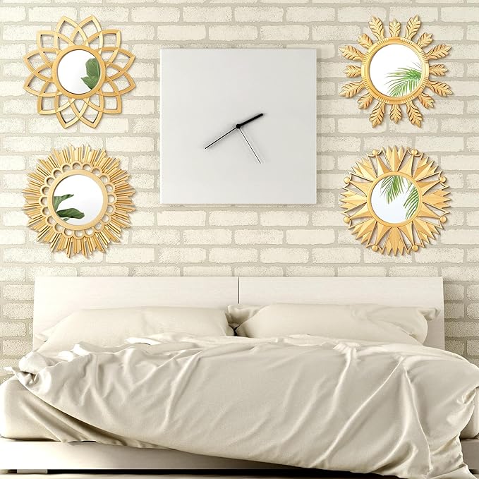 Dandat Set of 4 Gold Mirrors for Wall Decor Small Circle Flowers Mirrors Decorative Silvery Hanging Wall Art Flowers Mirror for Home Living Dinning Room Bedroom Bathroom Boho Art Gifts(Gold)