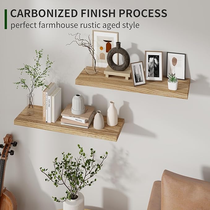 Marsmiles Wood Floating Shelves for Wall Set of 2, 24 Inch Wide Rustic Wooden Floating Shelves, Invisible Wall Mounted Display for Living Room Bedroom Kitchen Bathroom Office, Carbonized Black