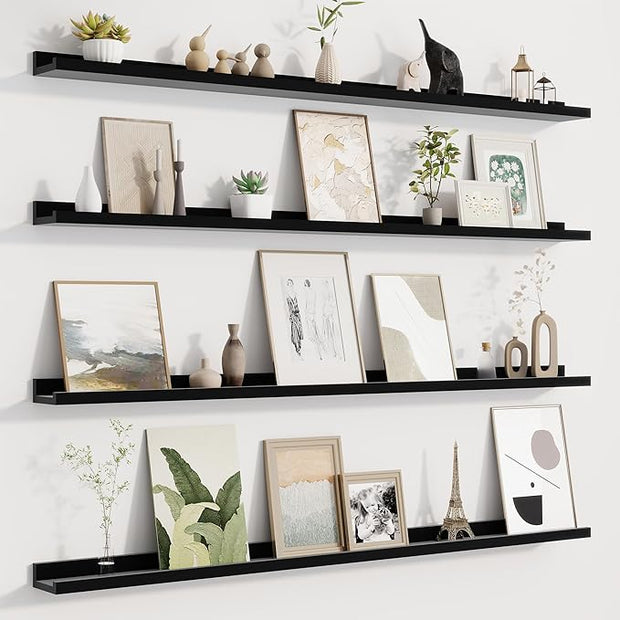 Fun Memories Picture Ledge Shelf for Wall, Floating Shelves Set of 4, 48 Inch Long Nursery Book Shelves for Toys Storage, Kids Bookshelf Wall Mounted for Books Photo Frames, Black