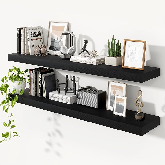 Heimlove Floating Shelves for Wall 55 Inch Long,Extra Large and Thick Wood Shelves Mounted Storage Hanging Shelf Invisible Bracket for Bedroom,Living Room,Kitchen,Office,Set of 2,Black