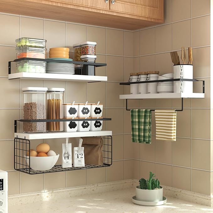 White Wood Floating Shelves Wall Mounted - 3+1 Tier Rustic Bathroom Wall Shelves Over Toilet with Wire Storage Basket & Towel Bar, set of 3 Farmhouse Floating Shelf for Bathroom,Kitchen,Bedroom