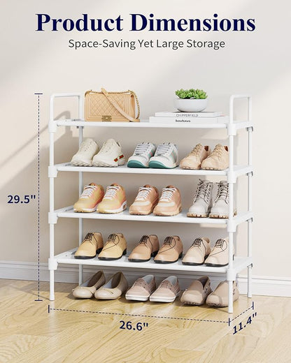 Kitsure Shoe Rack for Closet, Shoe Organizer for Front Door Entrance, Stackable Shoe Shelf, Detachable Closet Organizers and Storage, 26.6" Wide - 4 Tiers, White
