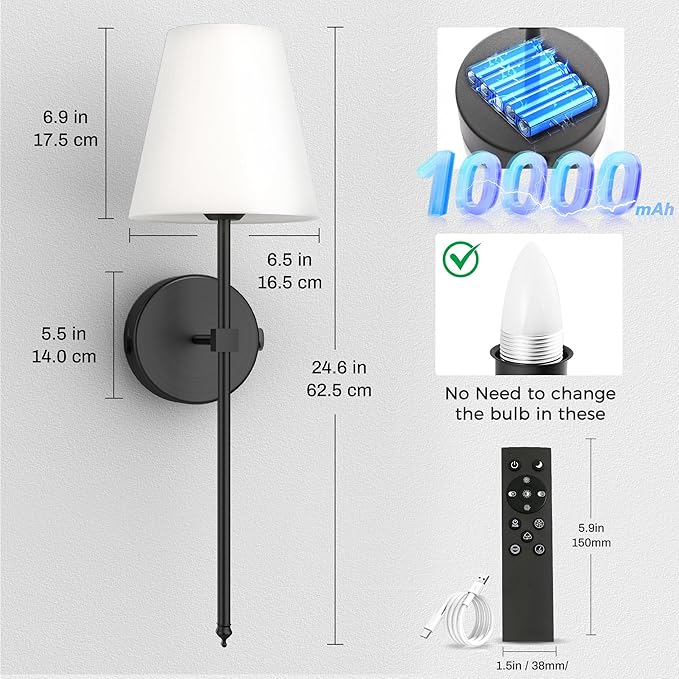 DORESshop Battery Operated Wall Sconce Set of Two, 10000mah Black Rechargeable Wall Sconce with Remote Control, 9 Colors Indoor Wireless Wall Lights for Bedroom Living Room Hallway, Dimmable