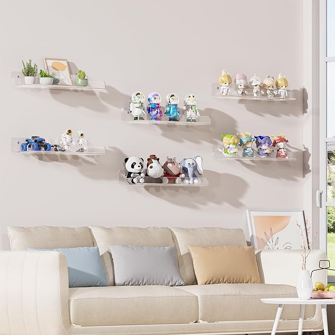 Acrylic Shelves for Wall Storage, 6 Pack Clear Floating Shelves for Lego Vinyl Record Monster Truck, Book Shelves for Kids Bedroom, Wall Mounted Shelf for Bathroom, Living Room, Kitchen