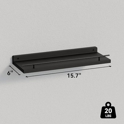 WOPITUES Floating Shelves with Black Metal Guardrail, Shelves for Wall Decor Set of 3, Wall Shelves for Bedroom, Bathroom, Kitchen, Living Room, Plants, Picture Frames, Art- Black